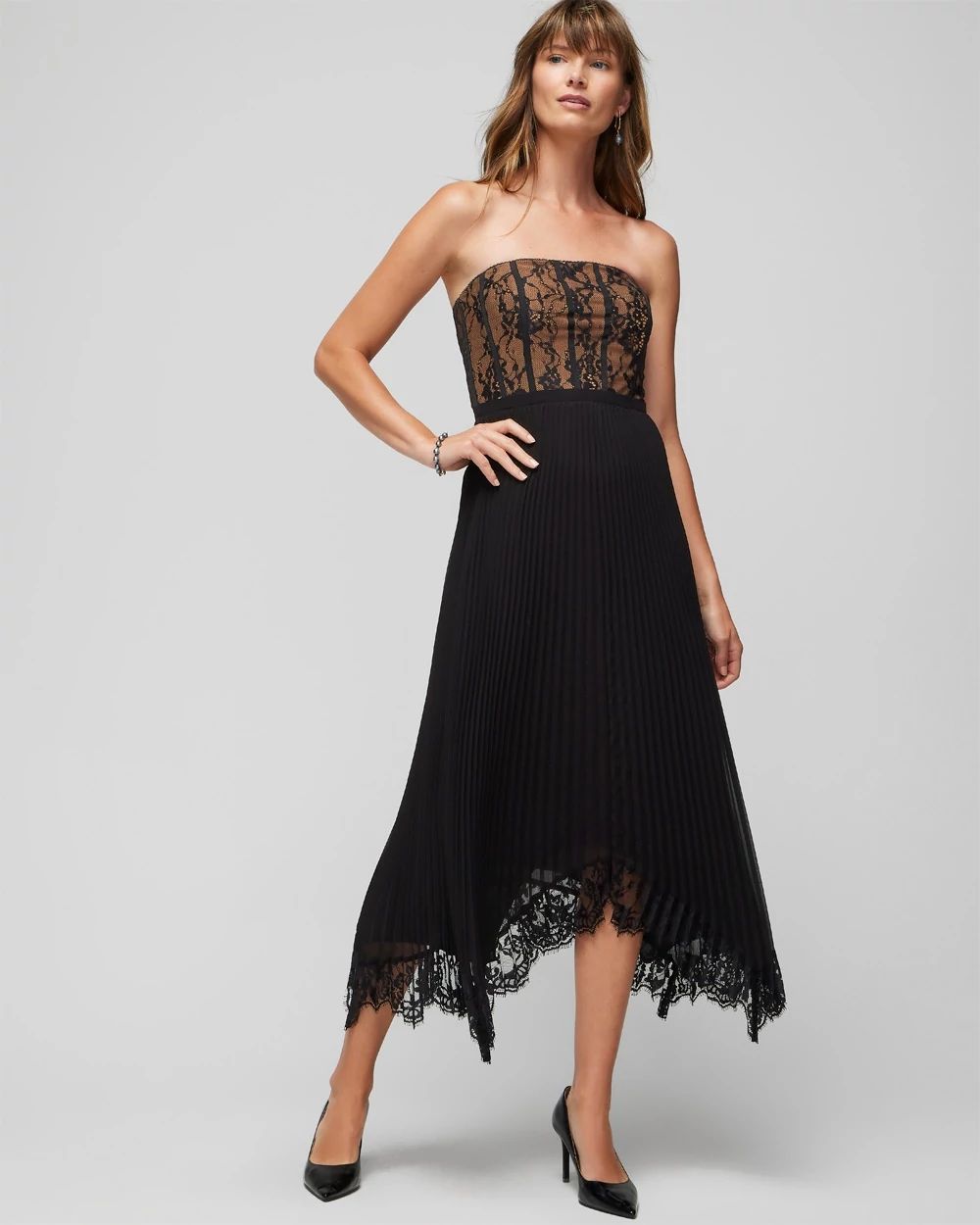 Strapless Lace Bustier Midi Dress