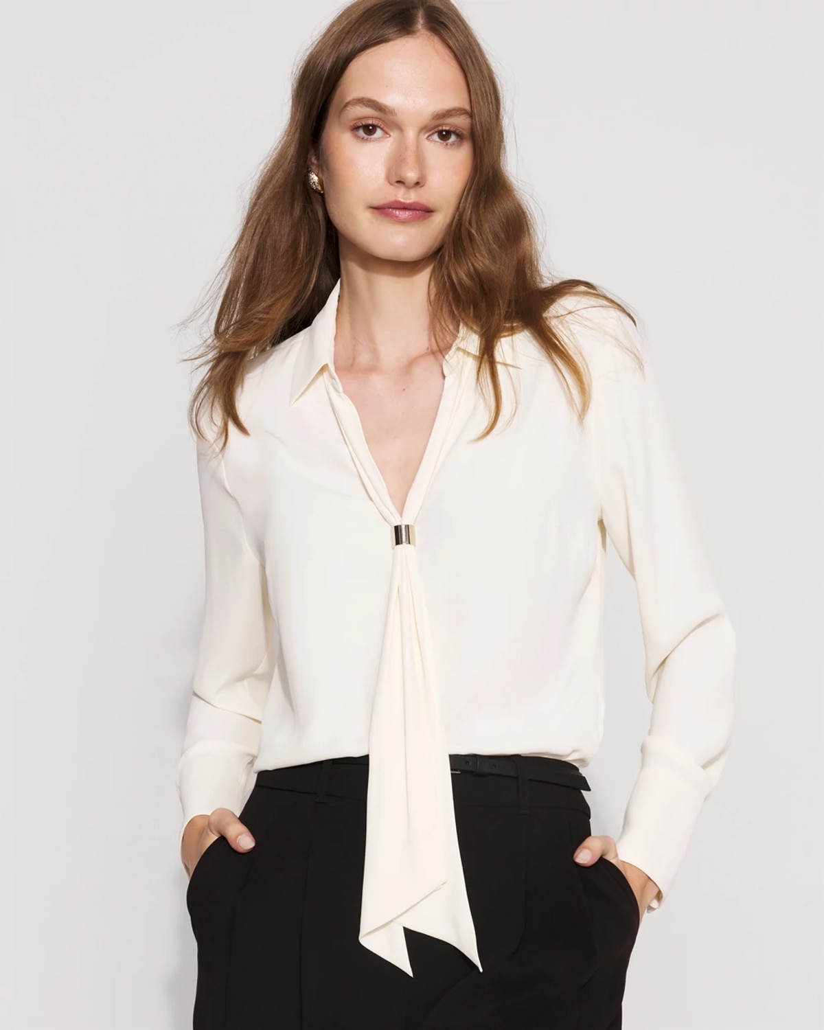 White House Black Market Petite Tie-detail Crepe Blouse In White