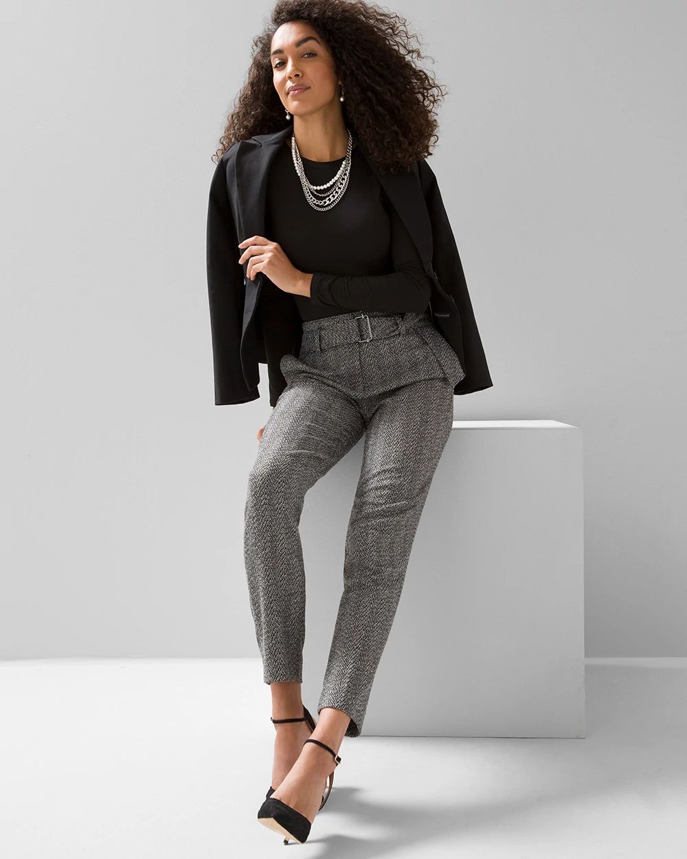Herringbone Belted Tapered Ankle Pant