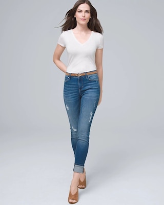 Mid-Rise Destructed Skinny Ankle Jeans click to view larger image.