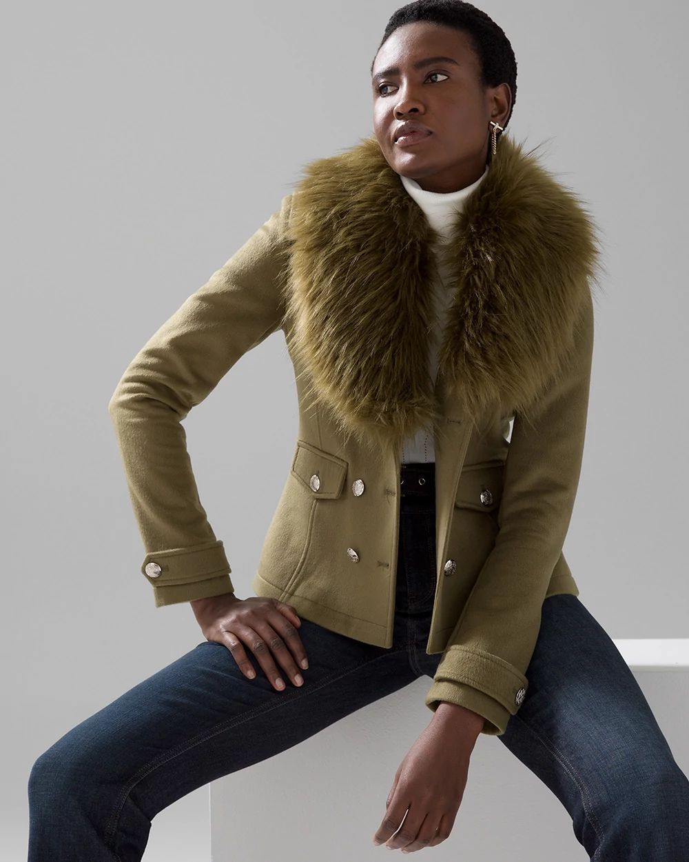 Faux Fur Collar Peacoat White House Black Market