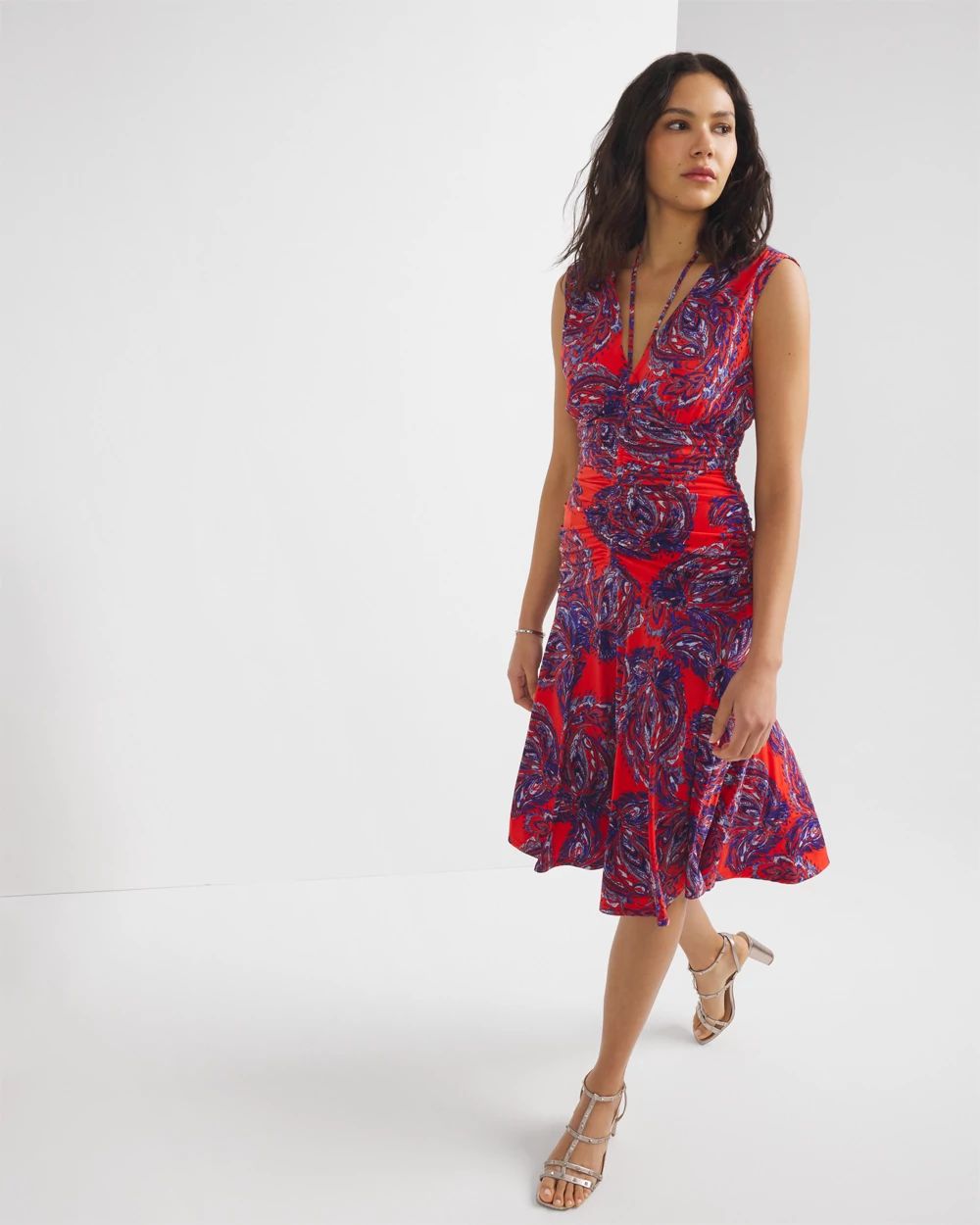 Ruched Tie-Shoulder Midi Dress
