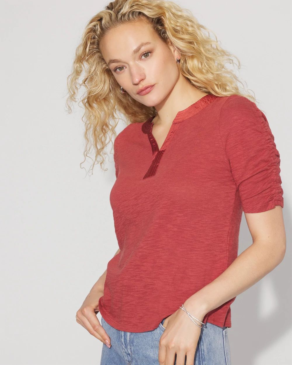 Ruched Sleeve Cotton + Modal Slub Tee