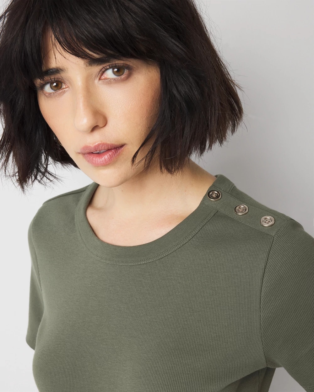 WHBM FORME Ribbed Stretch Button Shoulder Tee