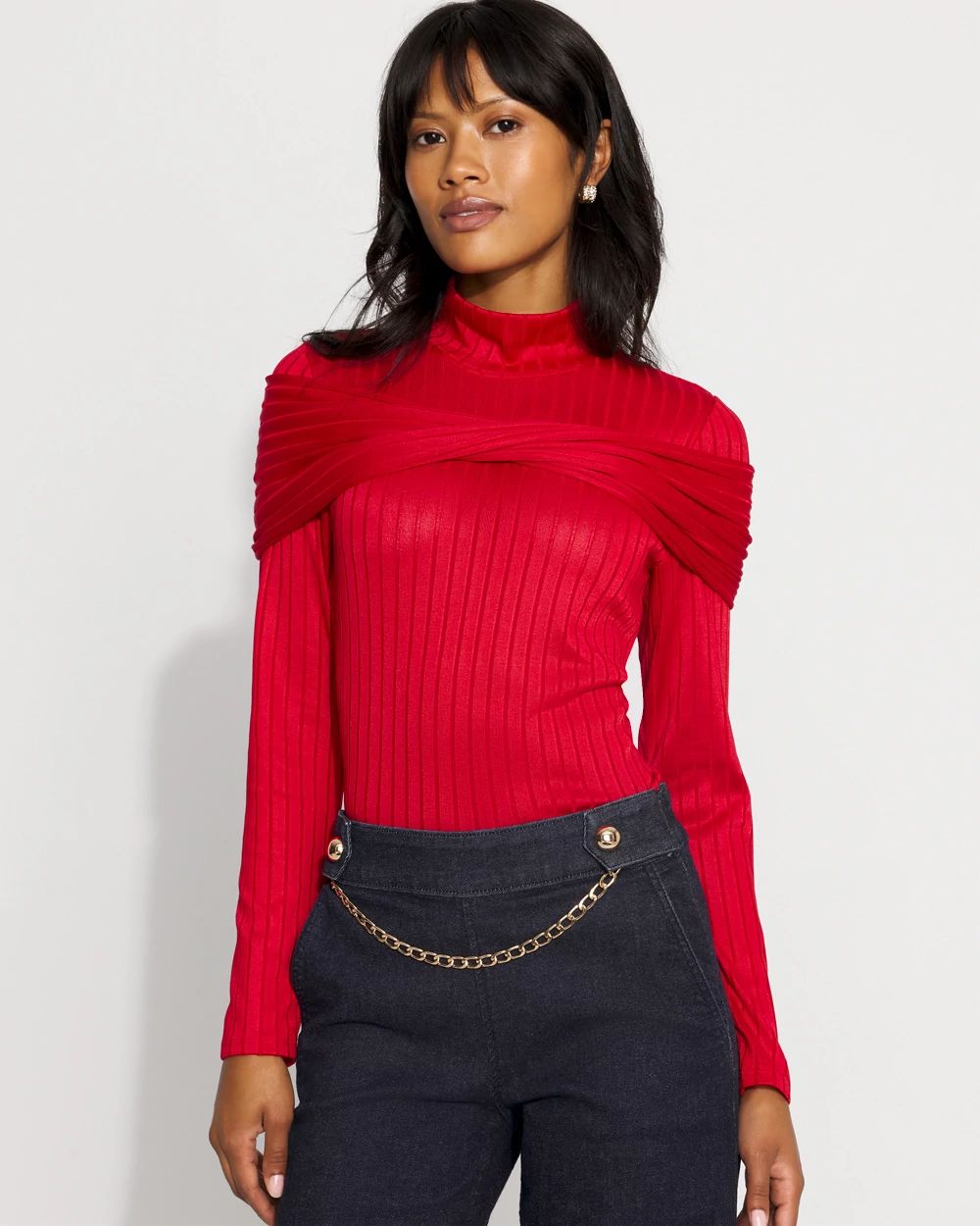 Petite Convertible Mockneck Rib Knit Top