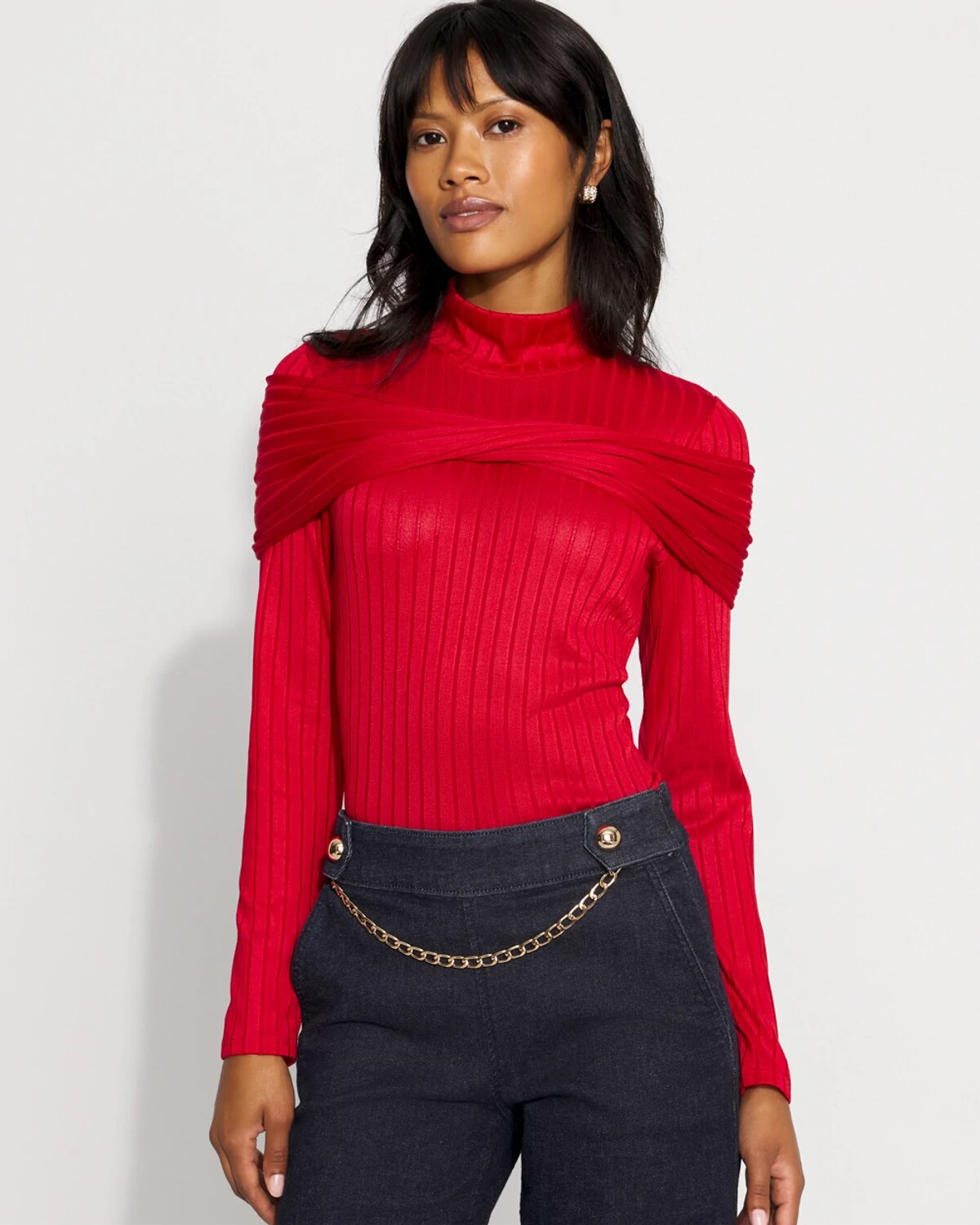 White House Black Market Petite Convertible Mockneck Ribbed Knit Top In Red