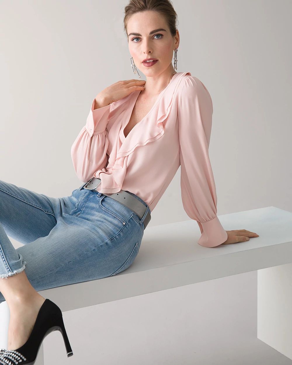 Long Sleeve Ruffle Front Blouse