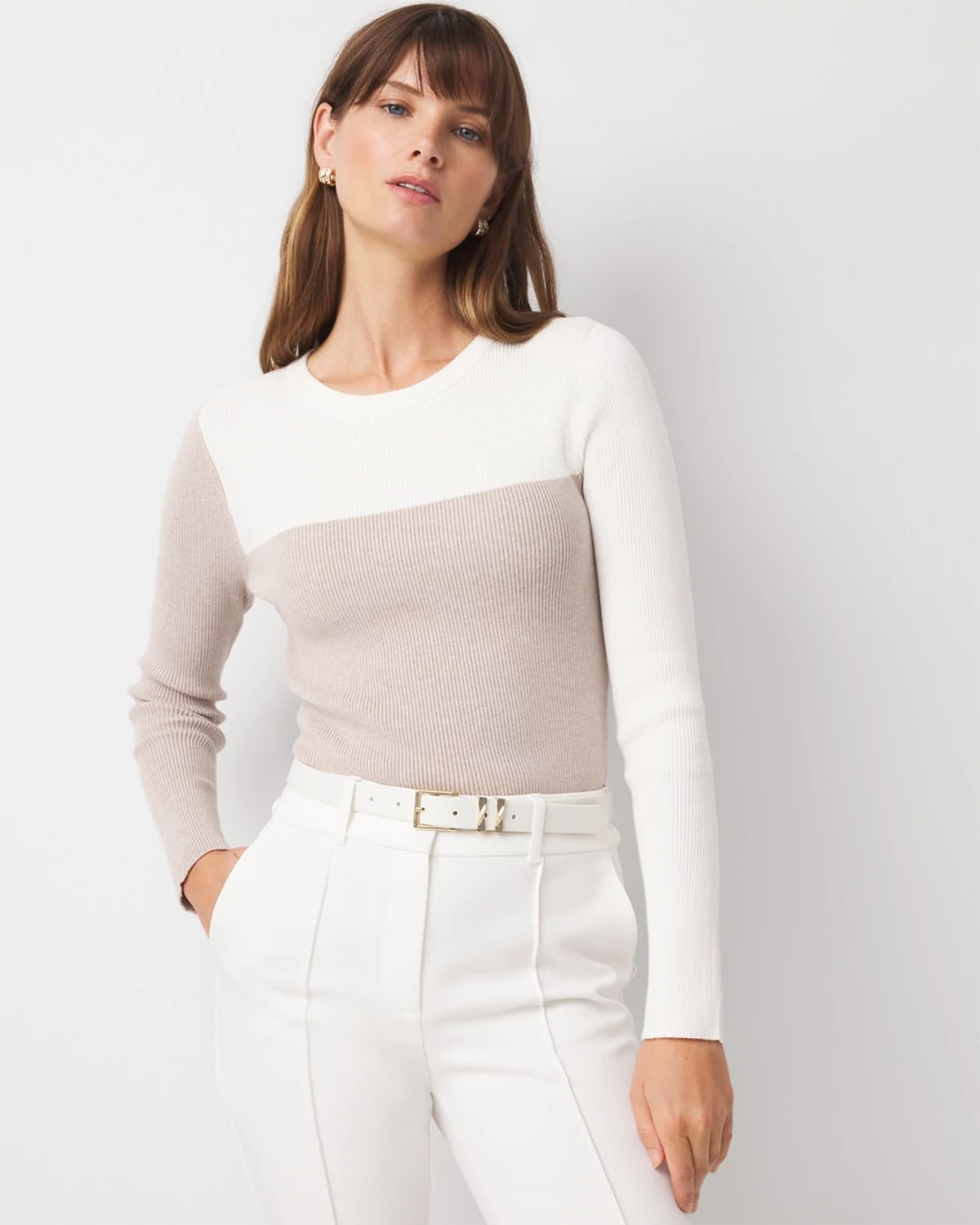 White House Black Market Petite Square Colorblock Pullover Sweater In White
