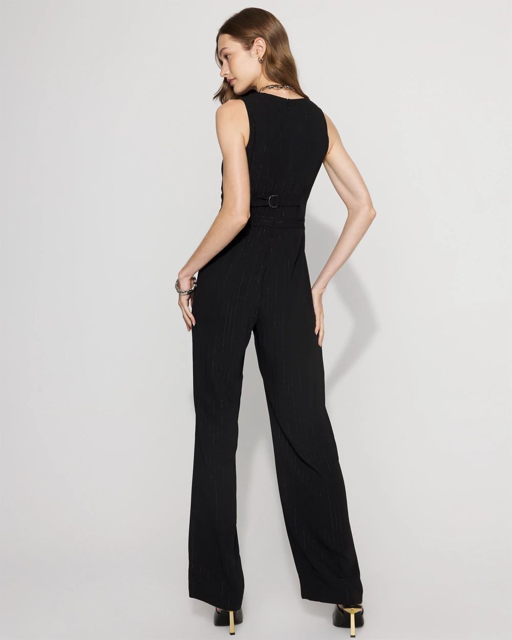 Metallic Pinstripe Crepe Jumpsuit click to view larger image.