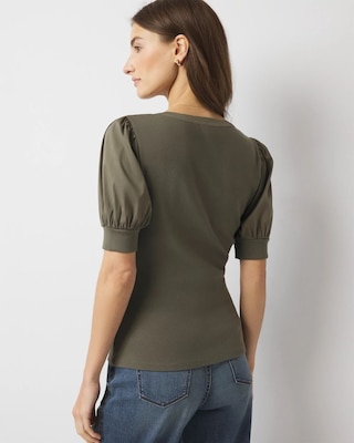 Poplin Puff-Sleeve Henley Top click to view larger image.