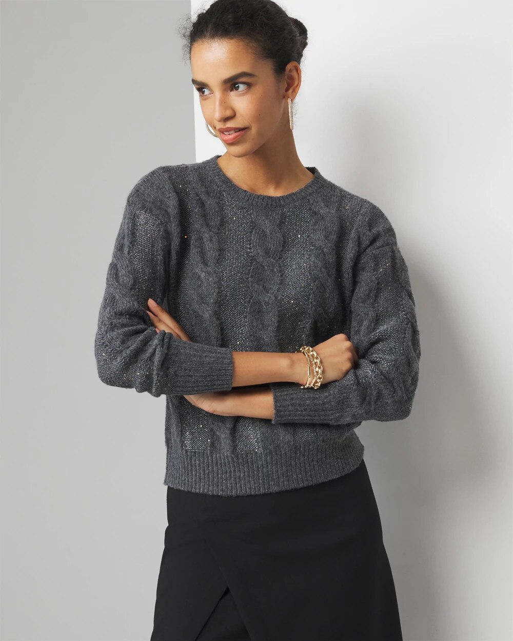 Sequin Cable Pullover Sweater - image 1