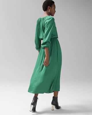 Long-Sleeve Smocked Waist Satin Midi Dress