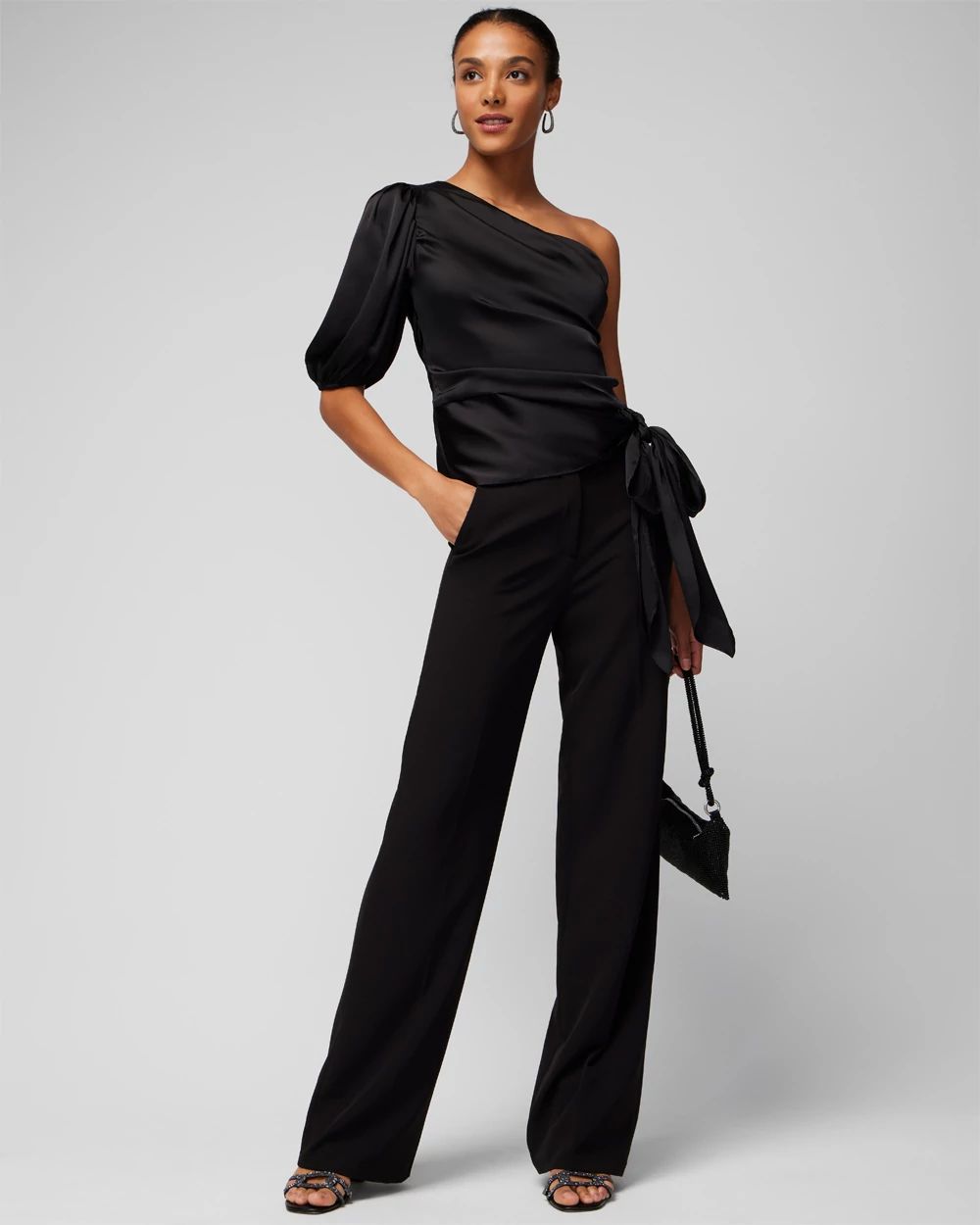 One Shoulder Satin Tie Blouse