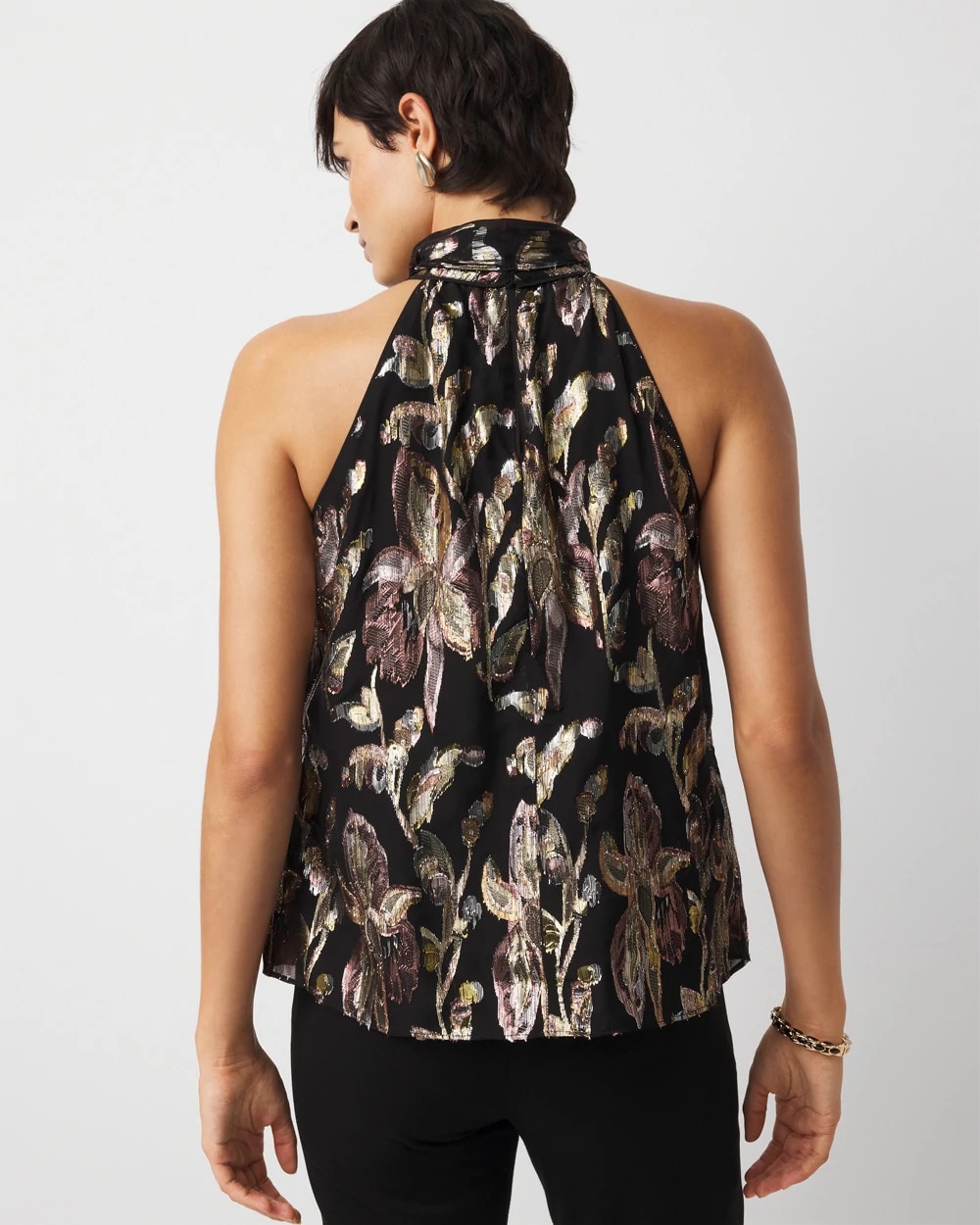 Floral Jacquard Tie-Neck Blouse