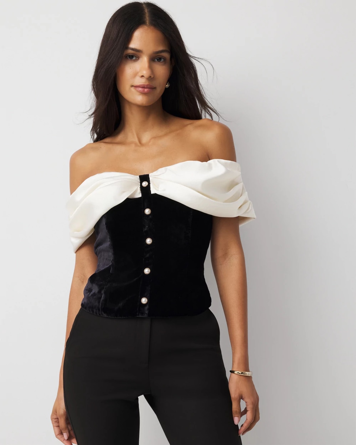White House Black Market Petite Satin + Velvet Bustier Top In Black