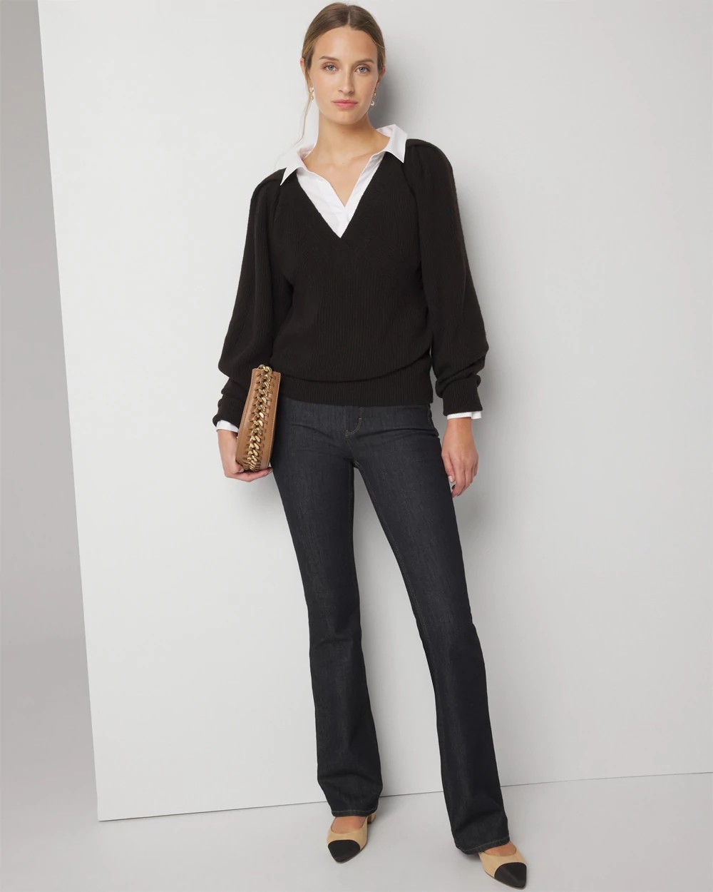 Pleated Shoulder V-Neck Pullover - image 2