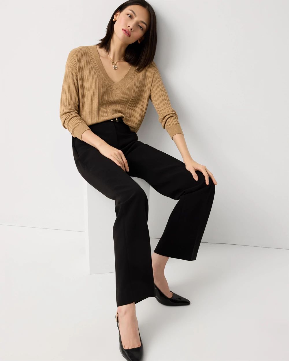 Ribbed Long Sleeve V-neck Sweater