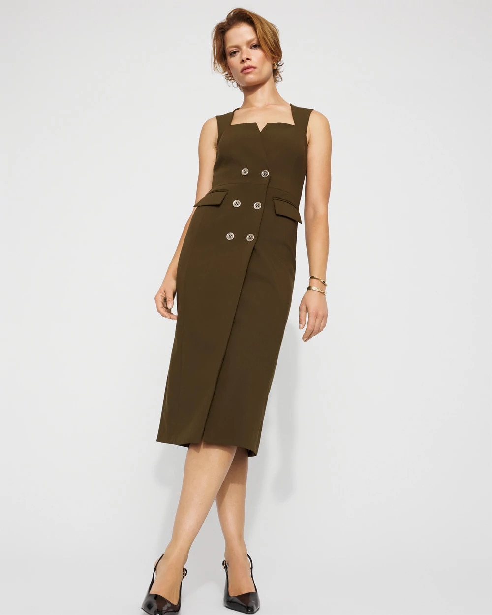 Women's Square Neck Tailored Midi Dress in Green size 2 | White House Black Market