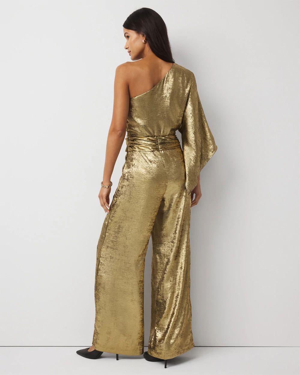 One-Shoulder Metallic Chiffon Jumpsuit click to view larger image.