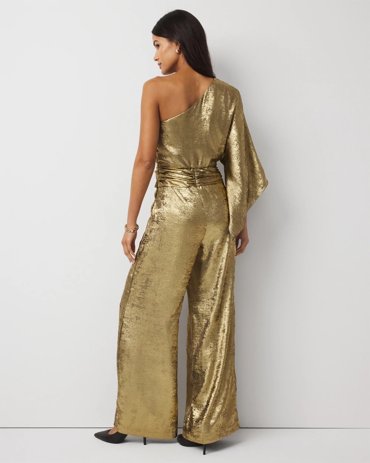 White House Black Market One-shoulder Metallic Chiffon Jumpsuit Size 12 |