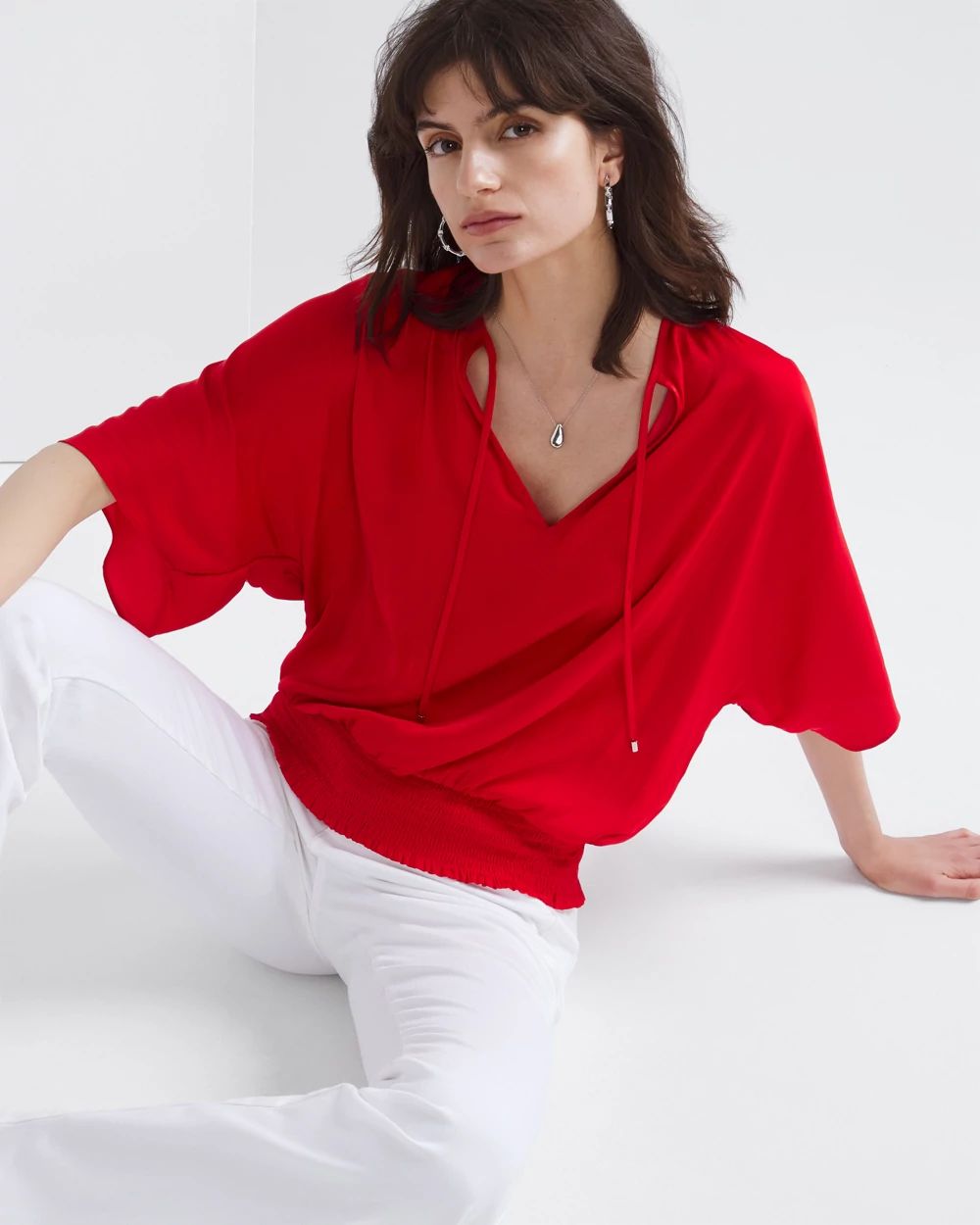 Elbow-Sleeve Smocked Bottom Kimono