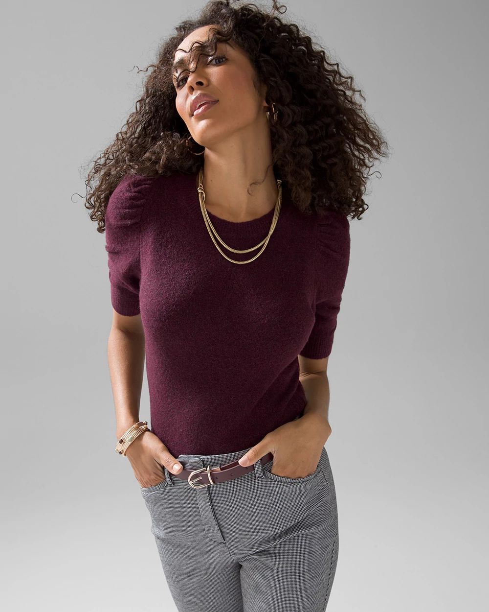 Elbow-Sleeve Soft Crew Gathered Pull Over