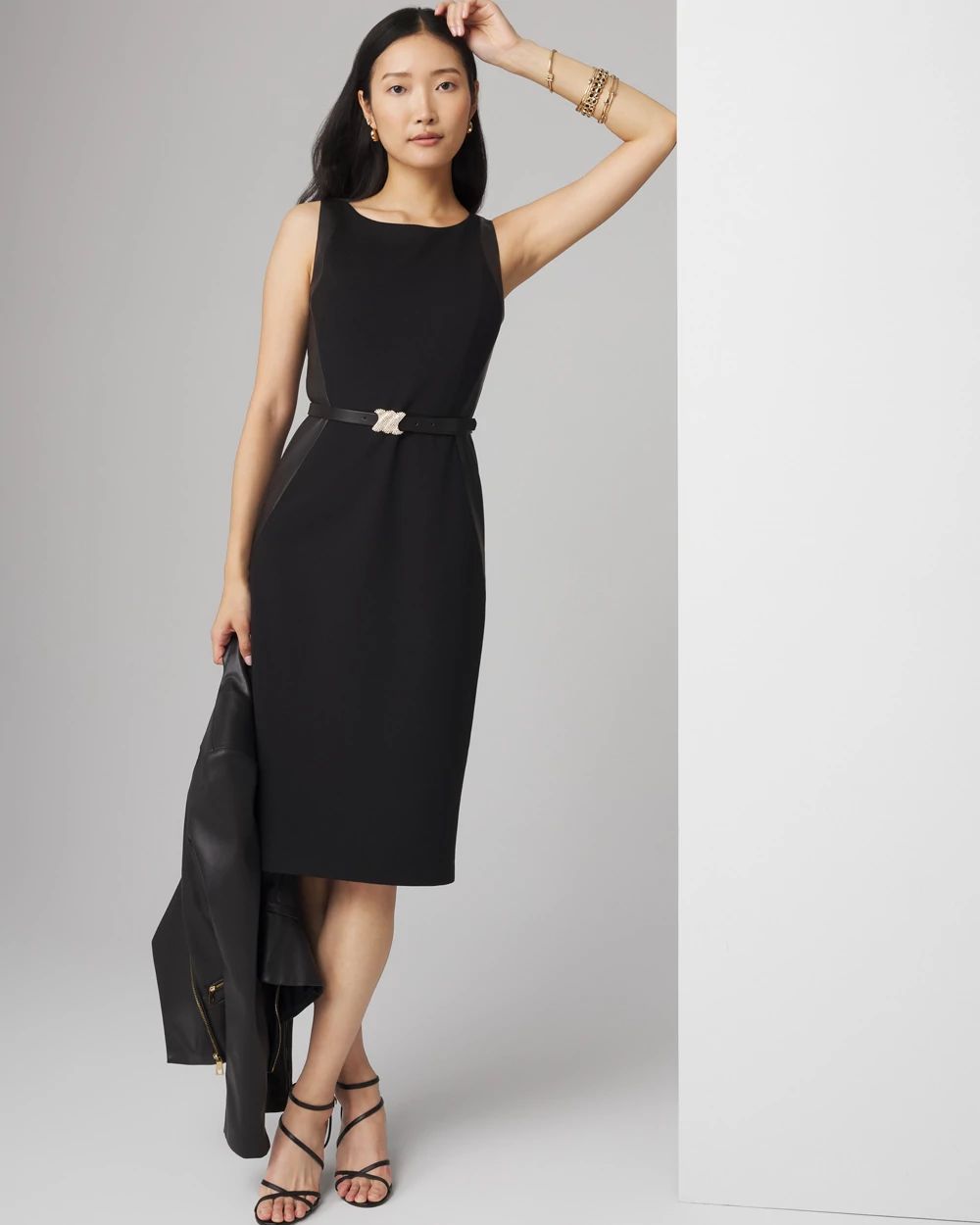 Petite Boatneck Sheath with Faux Leather Insets