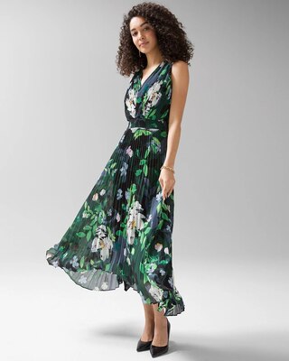 Sleeveless Smocked V-neck Pleated Midi Dress