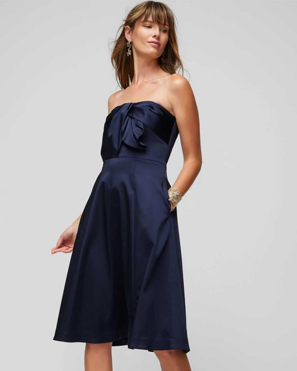 Sleeveless Satin Draped Fit-and-Flare Midi Dress click to view larger image.