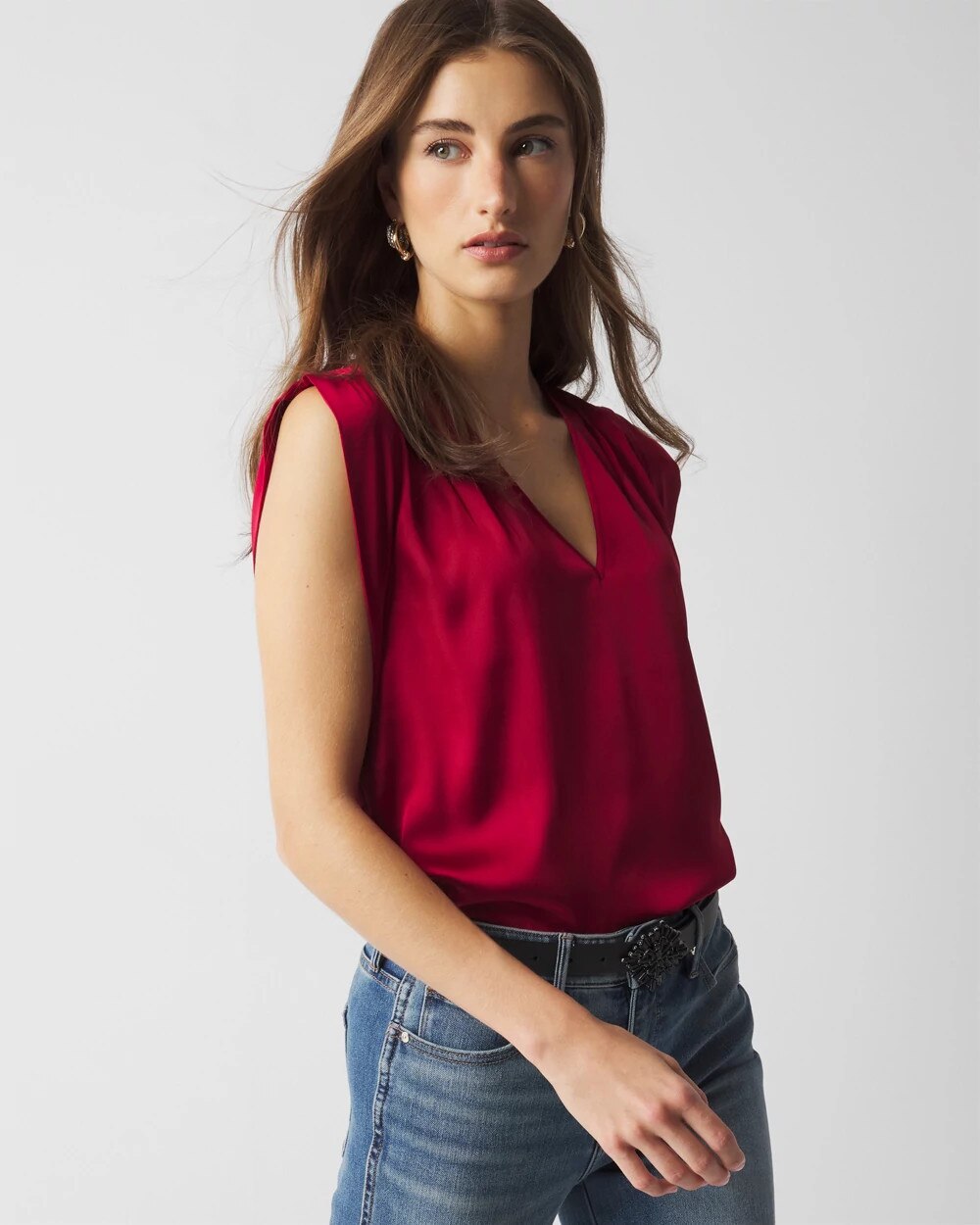V-neck Ruched Shoulder Shell Top - image 1