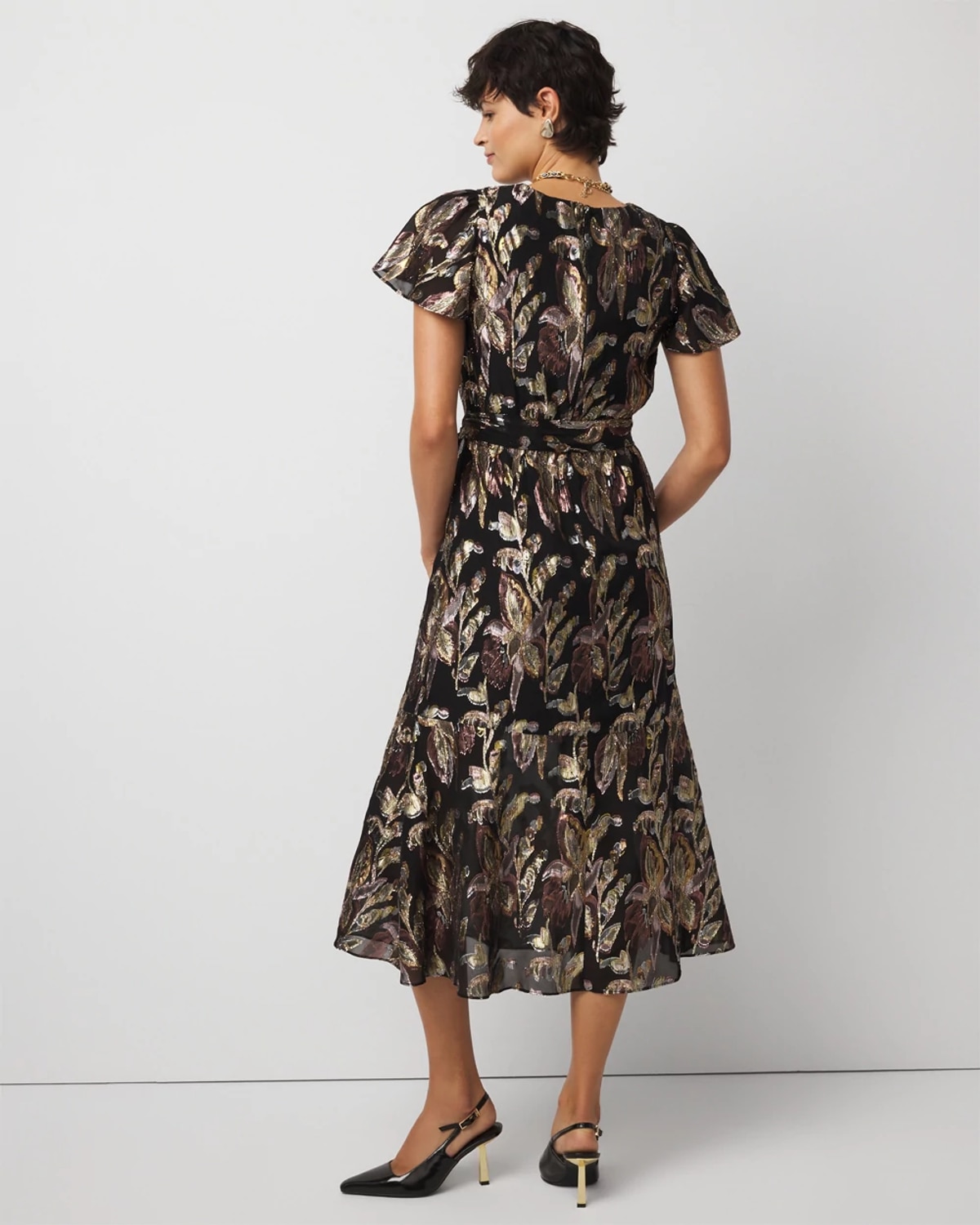 White House Black Market Metallic Floral Surplice Midi Dress Size 6 | In Black