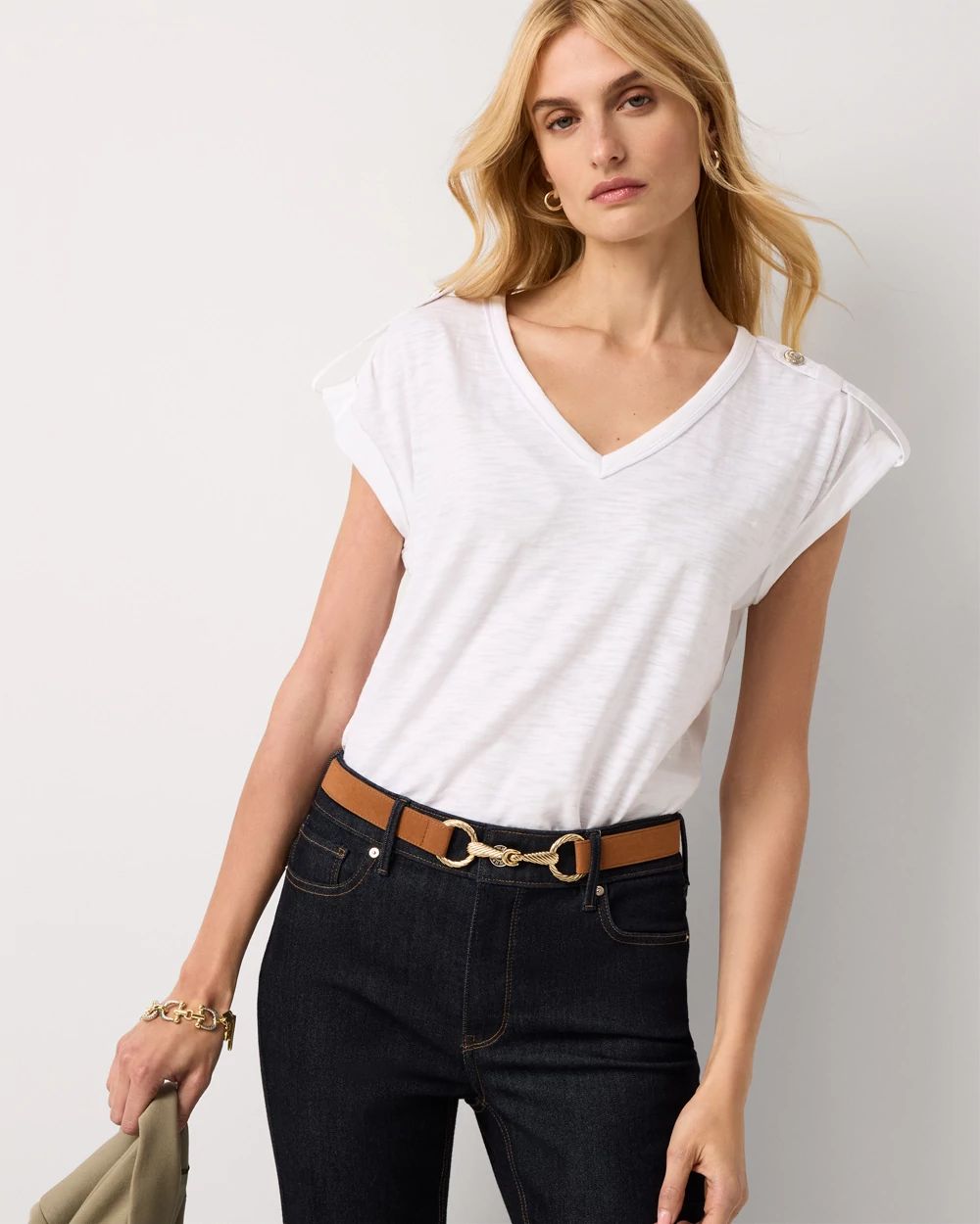 Satin Epaulet V-neck Tee