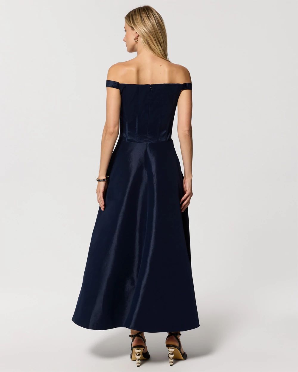 Off-The-Shoulder Taffeta Midi Dress click to view larger image.