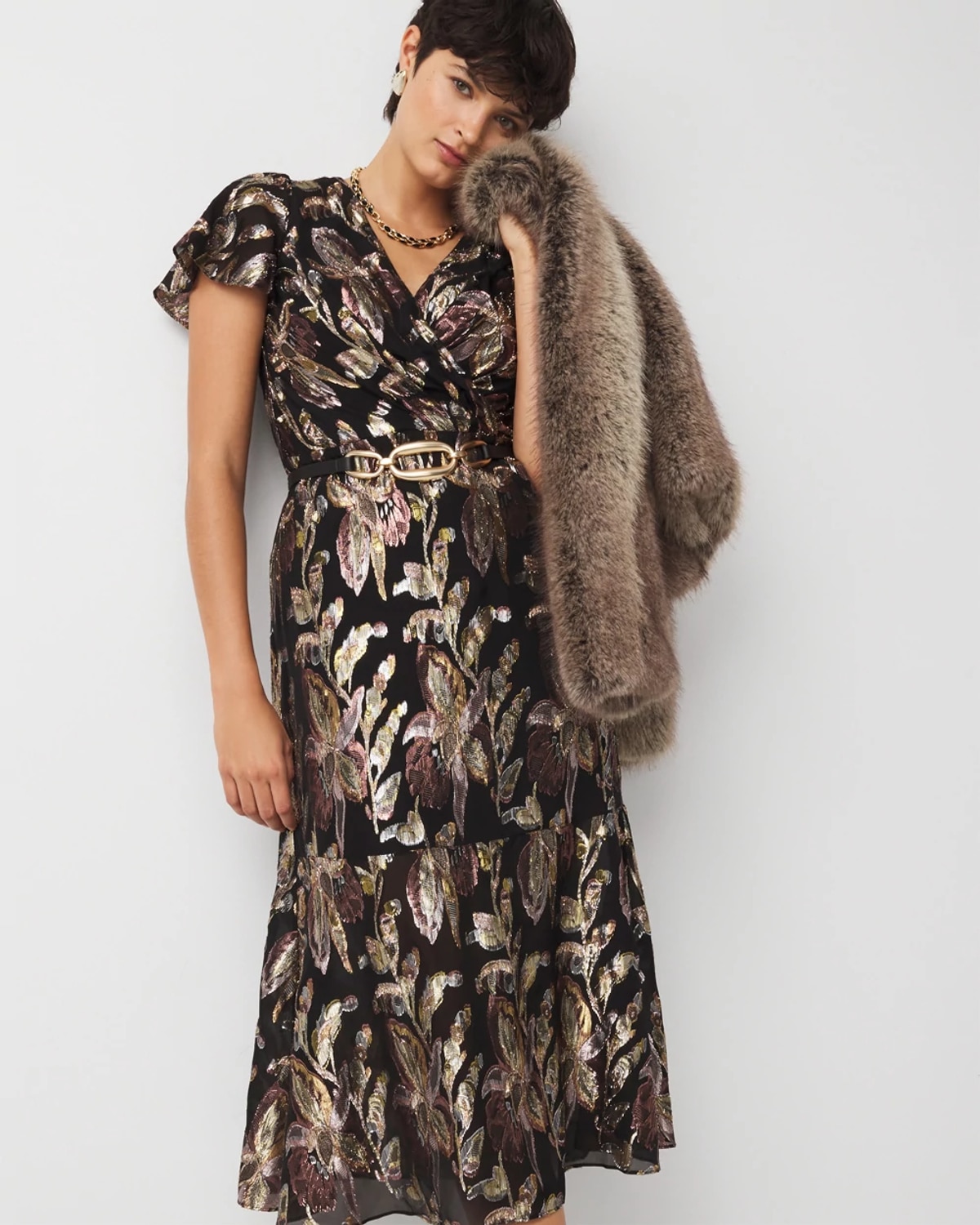 White House Black Market Metallic Floral Surplice Midi Dress Size 6 | In Black