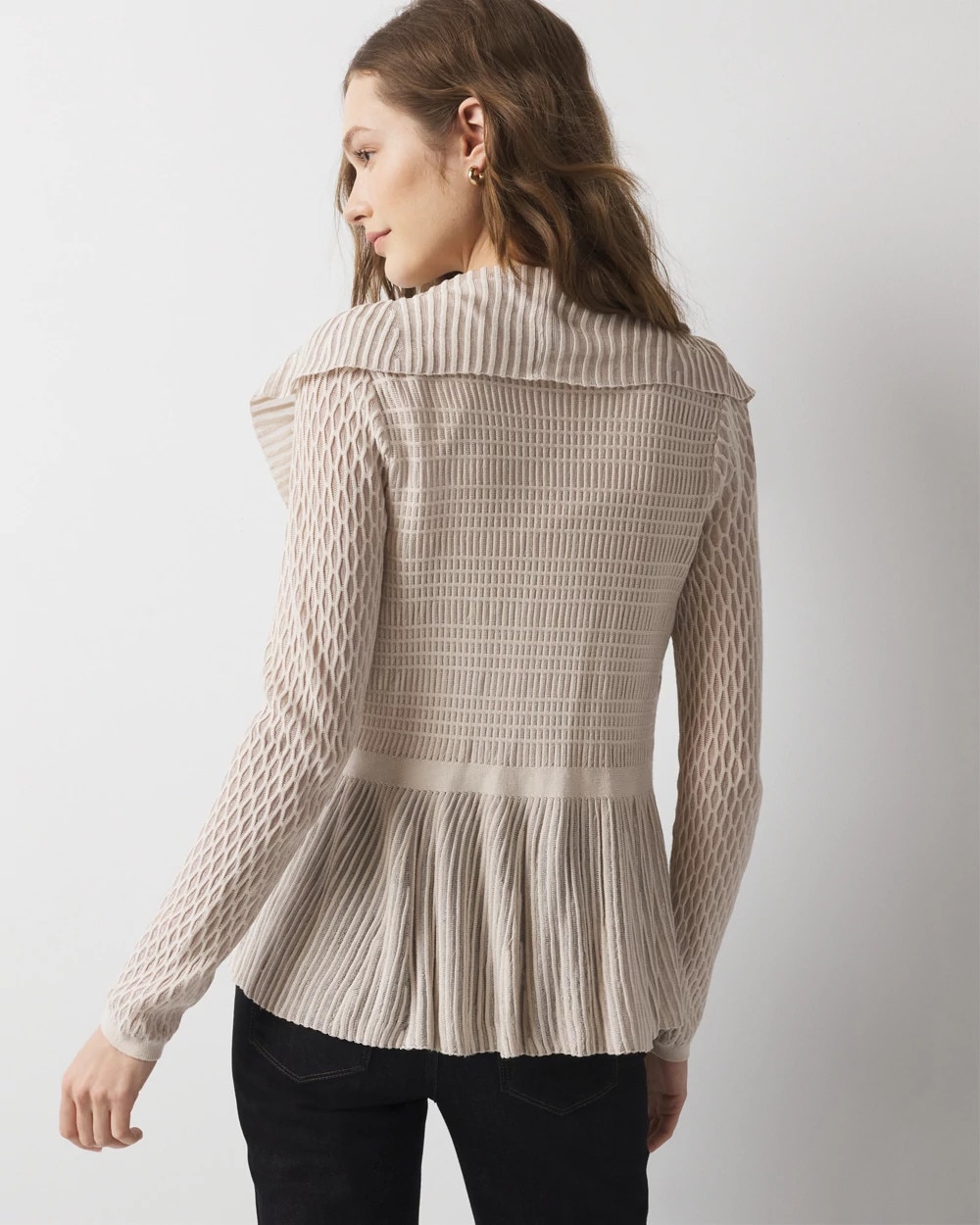 Petite Long Sleeve Pointelle Peplum Cardigan