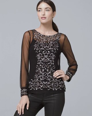 Floral-Embroidered Mesh Top
