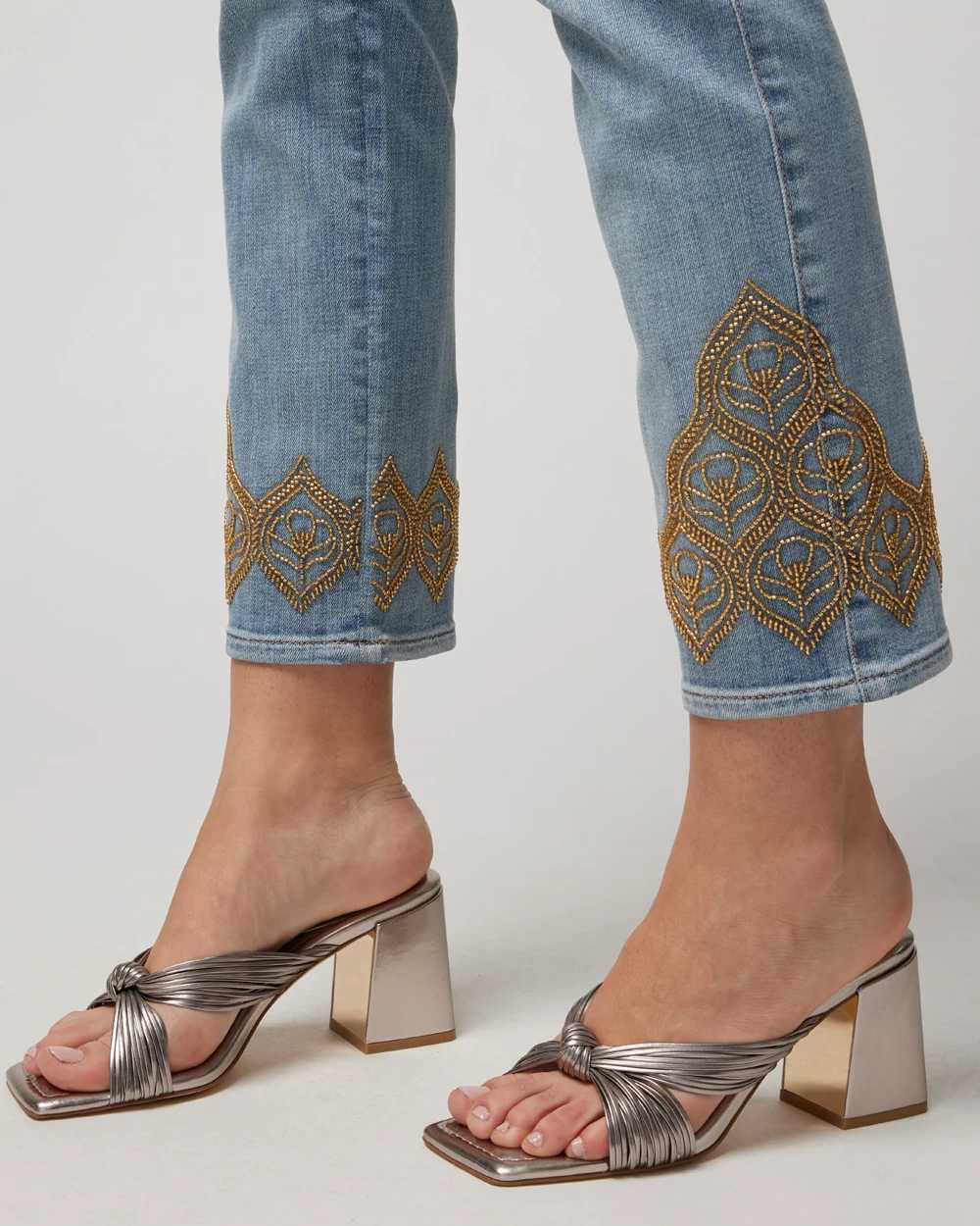 Mid-Rise Everyday Soft Denim  Embroidered Hem Slim Crop Jeans click to view larger image.