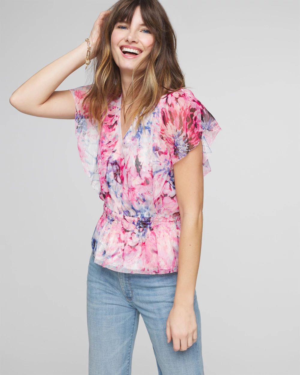 Short Sleeve Flutter Sleeve V-Neck Blouse