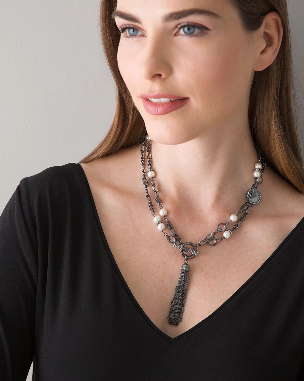 Hematite Pearl Convertible Tassel Necklace