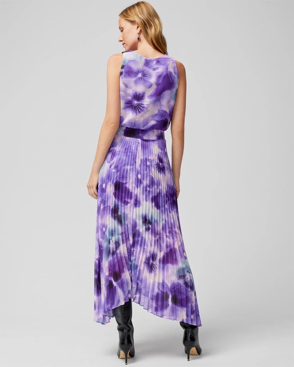Sleeveless Smocked V-Neck Pleated Midi Dress