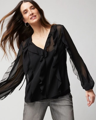 Long Sleeve Ruffled Tie Neck Blouse