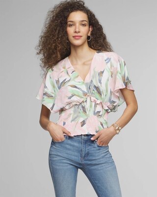 Elbow-Sleeve V-Neck Waist Detail Blouse