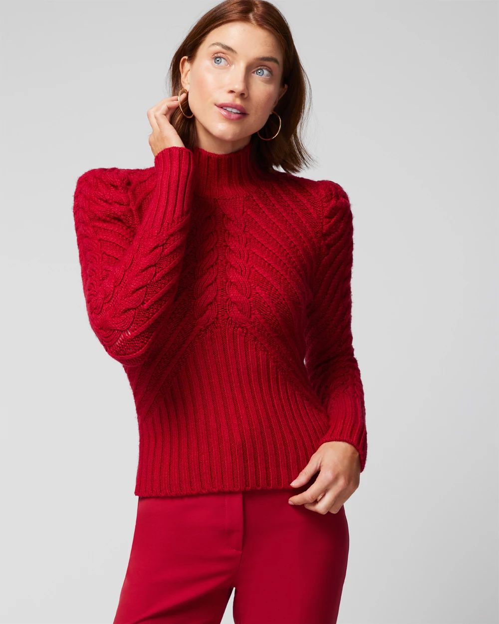 Petite Puff Sleeve Cable Mockneck Sweater