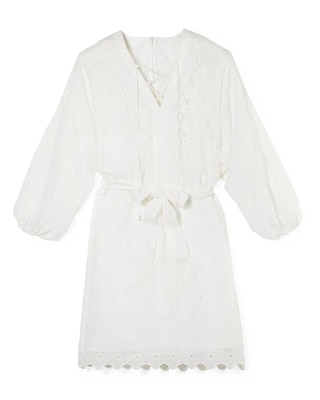 Petite Long-Sleeve White Eyelet Dress