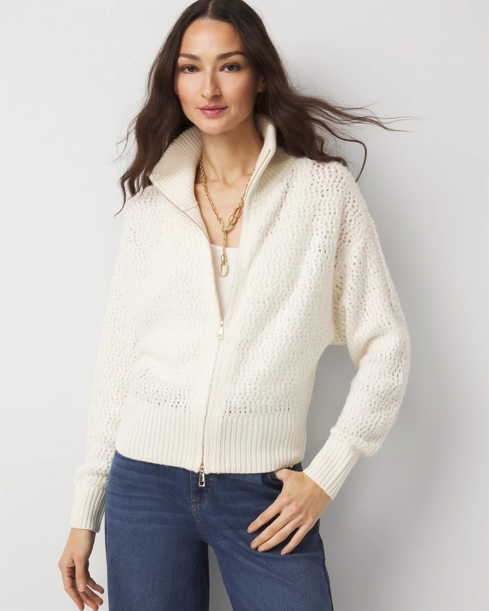 Petite Wool-Blend Zip-Front Cardigan