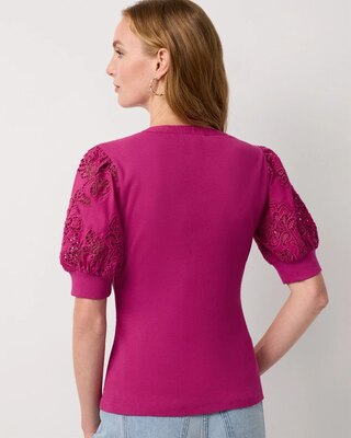Poplin Eyelet Puff Sleeve Henley Top click to view larger image.