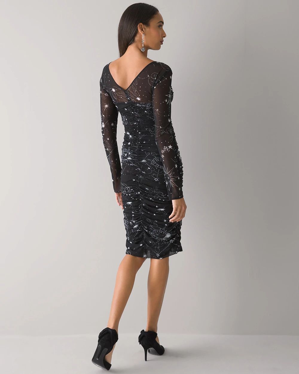 Long-Sleeve Ruched Mesh Dress