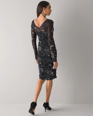 Long-Sleeve Ruched Mesh Dress
