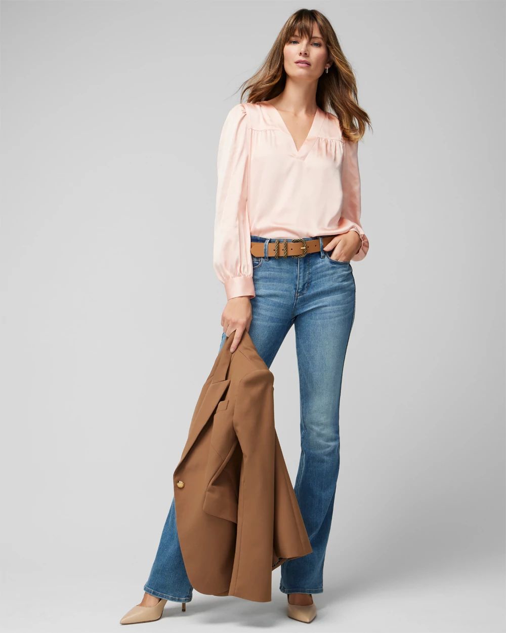 Petite Long Sleeve Topstitch Satin Blouse click to view larger image.