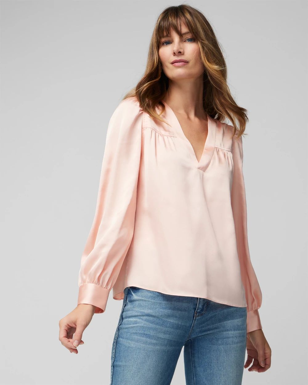 Long Sleeve Topstitch Satin Blouse